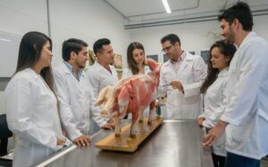 scientist and students examining porcine organ model